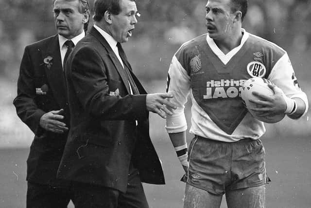 Garry Schofield with Great Britain coach Malcolm Reilly during the first Ashes at Wembley in 1990. Picture by Steve Riding.