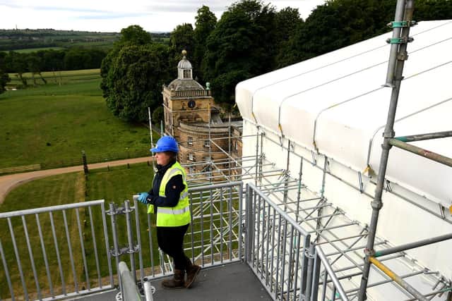 Pictured, Quantity Surveyor Amy Stamford as construction work is going on to repair the roof at Wentworth Woodhouse, Rotherham. Photo credit: Simon Hulme /