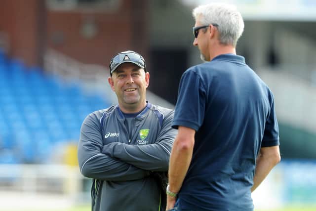 Darren Lehmann, pictured on the Headingley pitch ahead of a ODI against England chatting to then Yorkshire coach Jason Gillespie