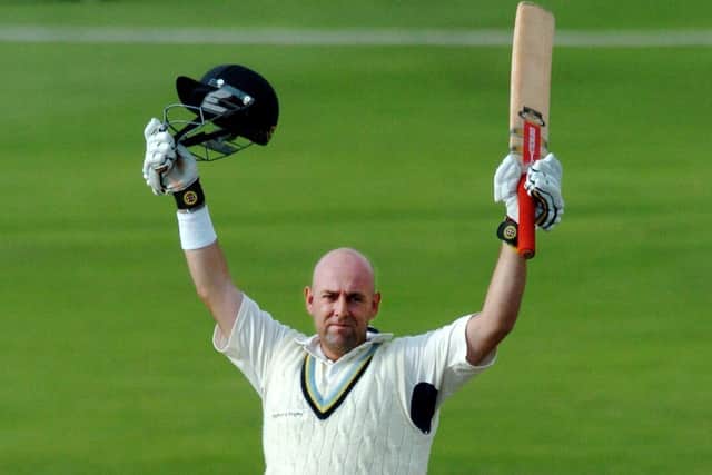 Darren Lehmann celebrates reaching a double century while playing for Yorkshireat Headingley in 2006.