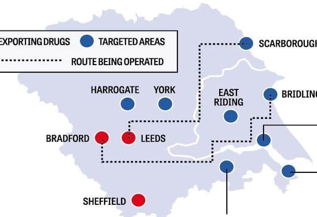 A map showing the routes used by county lines gangs to export and deal drugs across Yorkshire & the Humber. BTP estimates there are 31 lines importing in or into Yorkshire.