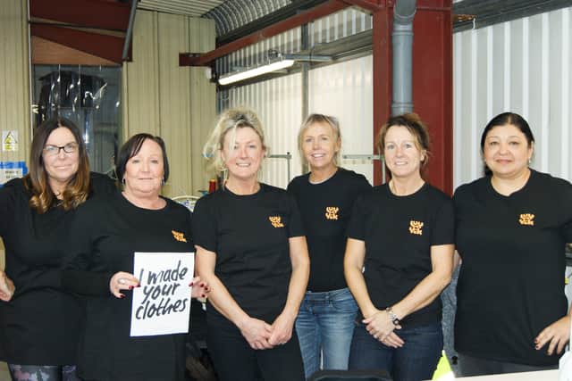 Lucy & Yak seamstresses in the Barnsley factory. From left to right - Amanda Bower, Carol Cooper, Patricia Foxon, Tracey Ellis, Mary Dodds and Sylvia Jaber.