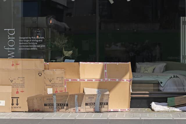 A cardboard homeless shelter outside a furniture store in Tottenham Court Road, London, after the introduction of measures to bring the country out of lockdown. Photo: PA