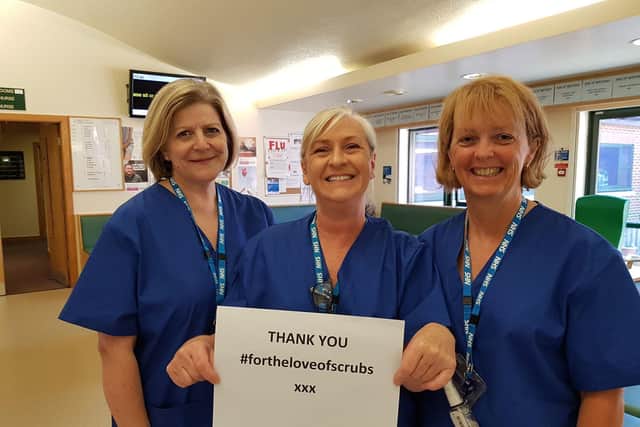 Nurses in West Yorkshire wearing the scrubs made by Jackie Ineson of Yorkshire Born and Thread and #ForTheLoveOfScrubs using fabric from Downham Textiles.