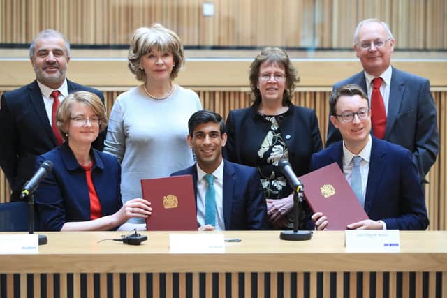 West Yorkshire's leaders with Rishi Sunak, the Chancellor, and Government minister Simon Clakre, after the area's devolution deal was confirmed in the Budget.
