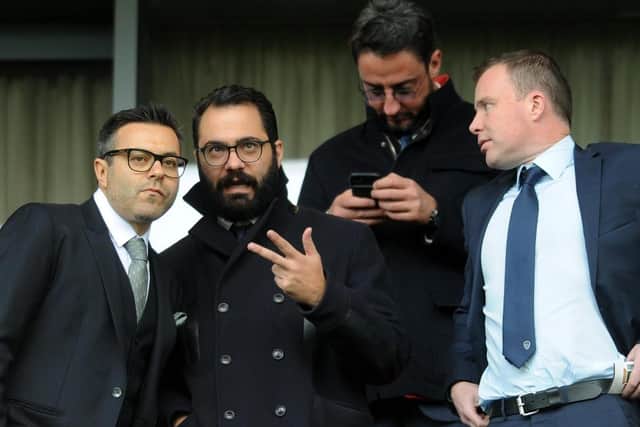 WARNING: Angus Kinnear, far right, with Leeds United owner Andrea Radrizzani, far left and director of football, Victor Orta, second left.