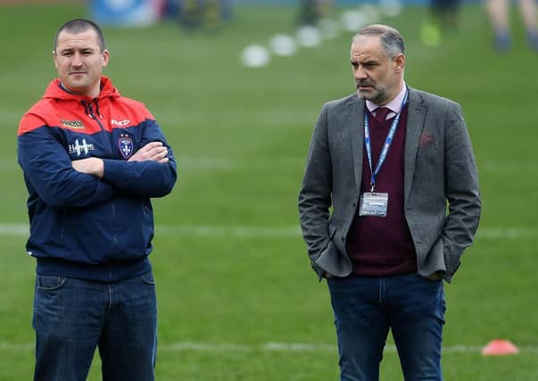 WAITING GAME: Wakefield head coach Chris Chester with owner and chairman Michael Carter.
 Picture Jonathan Gawthorpe
