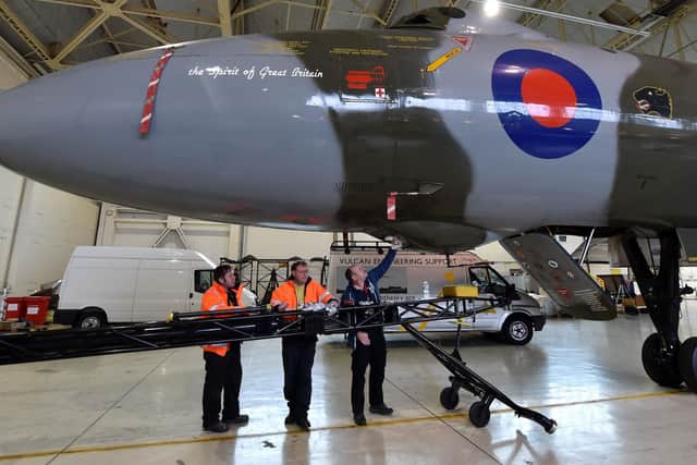 Preparations are made on Vulcan XH558 in a hanger ahead of its planned final flight on October 28, 2015. Picture: Owen Humphreys/PA Wire