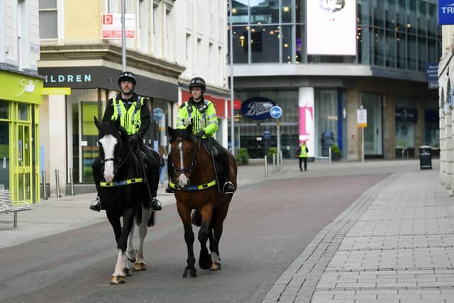 Mounted police on patrol in Leeds city centre.