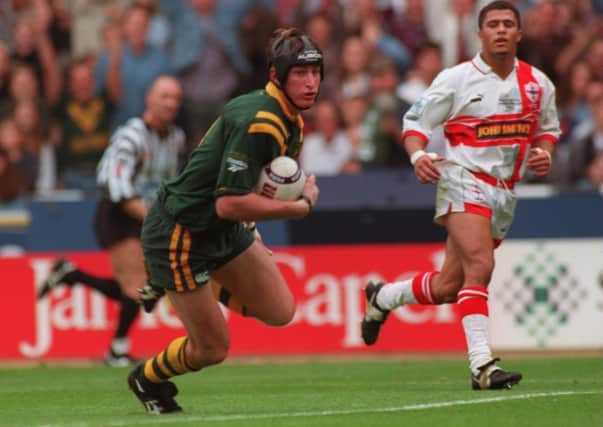 Steve Menzies scores the opening try for Australia aginst England in the World Cup in 1995. Picture: Getty Images