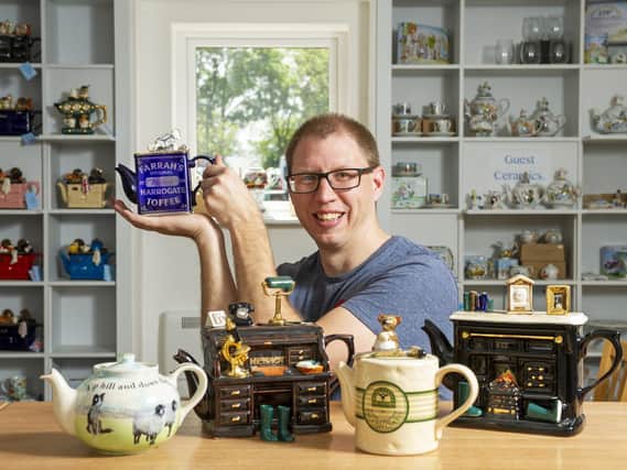 Pictured, Stuart Williamson at Ceramic Inspirations in Leyburn Yorkshire with themed teapots the company produce. Picture credit: Tony Johnson/ JPIMediaResell