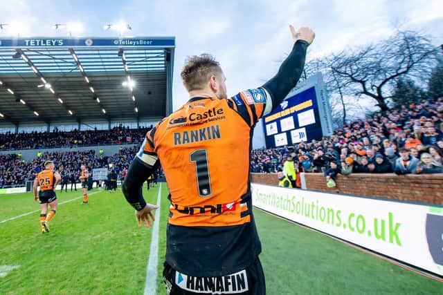 Jordan Rankin salutes the Castleford crowd during the opening game of the season. Picture: Allan McKenzie/SWpix.com.
