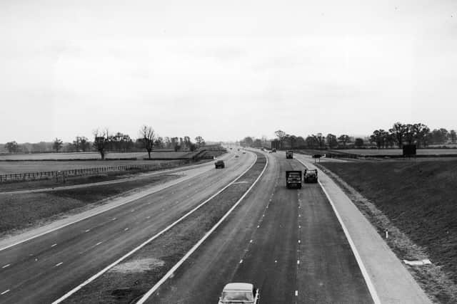 2nd November 1959:  Traffic on the M1, the London to Birmingham motorway, near the Broughton flyover, shortly after Transport Minister, Ernest Marples, opened the motorway.  (Photo by Terry Disney/Central Press/Getty Images)
