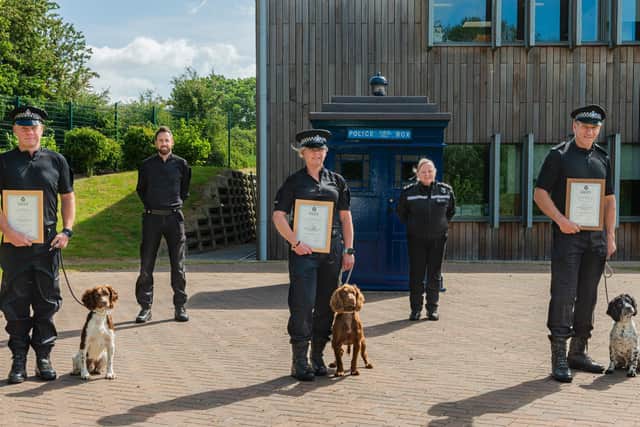 The police dogs and their handlers at the presentation (photo: West Yorkshire Police).