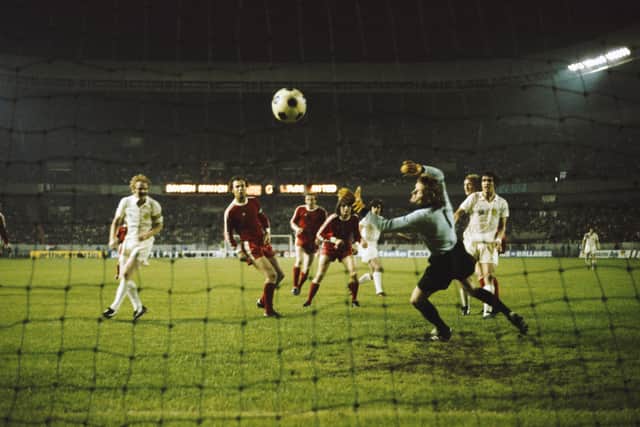 Peter Lorimer (sixth left) sees his goal disallowed for Leeds in the 62nd minute, when Billy Bremner was adjudged to be offside as Franz Beckenbauer and goalkeeper Sepp Maier look on at Parc de Princes on May 28, 1975. Picture: Don Morley/Allsport/Getty Images