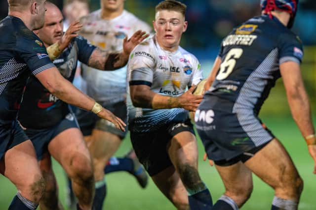 Leeds Rhinos' Callum McLelland, pictured in a pre-season game between the partner clubs, has plauyed for Rovers on dual-registration. Picture by Bruce Rollinson.
