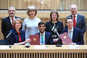 West Yorkshire council leaders with Chancellor Rishi Sunak and Simon Clarke, a Communities Minister, at the signing of the area's devolution deal following March's Budget. Picture: PA Wire