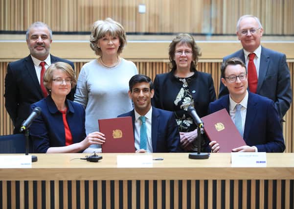 West Yorkshire council leaders with Chancellor Rishi Sunak and Simon Clarke, a Communities Minister, at the signing of the area's devolution deal following March's Budget. Picture: PA Wire