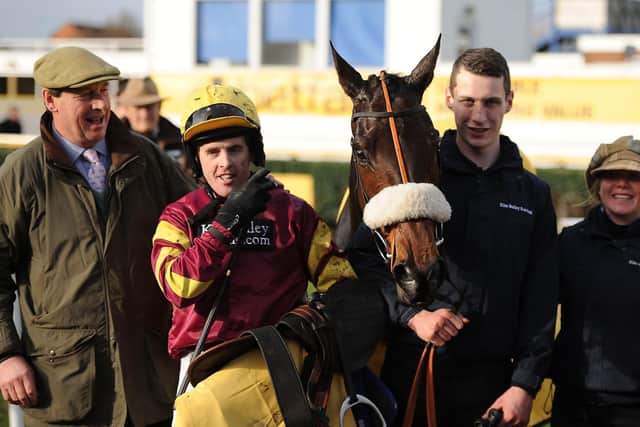 Trainer Kim Bailey (left) with Harry Topper, a former winner of Wetherby's Charlie Hall Chase and the Denman Chase at Newbury under jockey Jason Maguire.