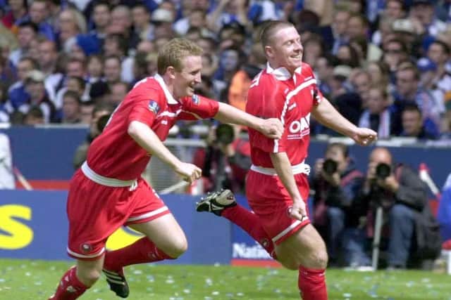 Craig Hignett celebrates his Wembley goal.