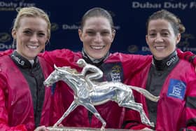 The winning Girls Team (from left to right) Sammy Jo Bell, Emma-Jayne Watson and Hayley Turner pose with the trophy after the Dubai Duty Free Shergar Cup at Ascot Racecourse, Ascot. PRESS ASSOCIATION Photo. Picture date: Saturday August 8, 2015. See PA story RACING Ascot. Photo credit should read: Julian Herbert/PA Wire. Use subject to restrictions. Editorial use only, no commercial or promotional use. No private sales. Call +44 (0)1158 447447 for further information.