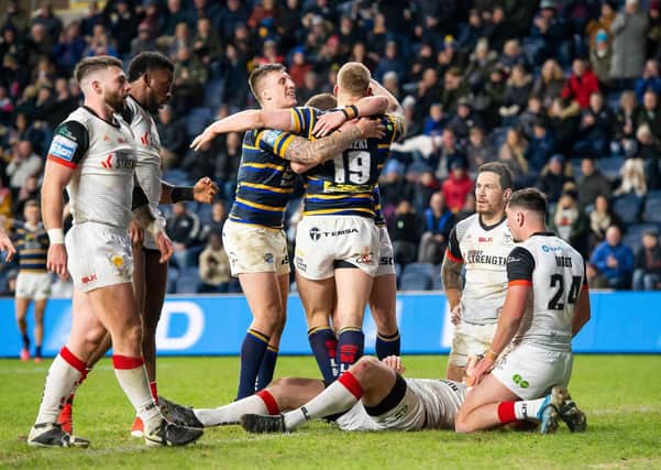 BRING IT BACK: Leeds Rhinos' Mikolaj Oledzki is congratulated by Callum McLelland on his try against Toronto earlier this season at Headingley. Picture by Allan McKenzie/SWpix.com