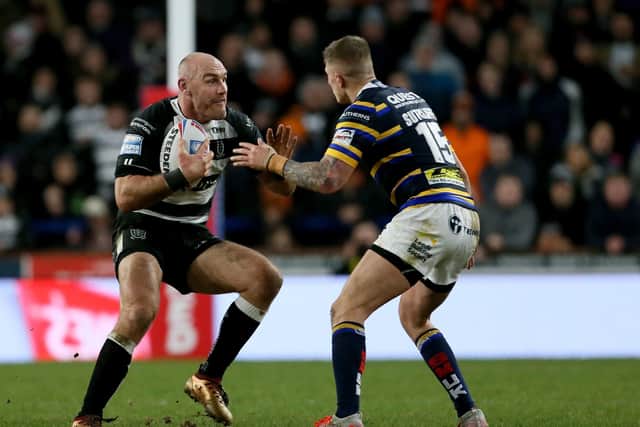 Leeds Rhino's Liam Sutcliffe tackles Hull Fc Gareth Ellis during the Betfred Super League match at Emerald Headingley Stadium, Leeds. PA Photo. Picture date: Sunday February 2, 2020. See PA story RUGBYU Leeds. Photo credit should read: Richard Sellers/PA Wire. RESTRICTIONS: Editorial use only. No commercial use. No false commercial association. No video emulation. No manipulation of images.