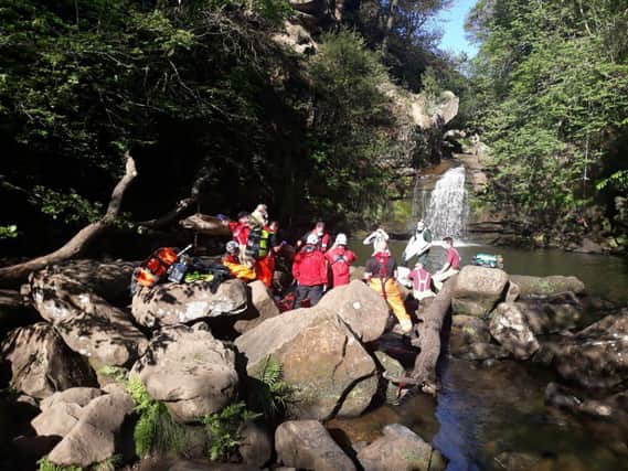 The rescue of an injured 'tombstoner' at Thomason Foss near Goathland involved around 30 members of the emergency services