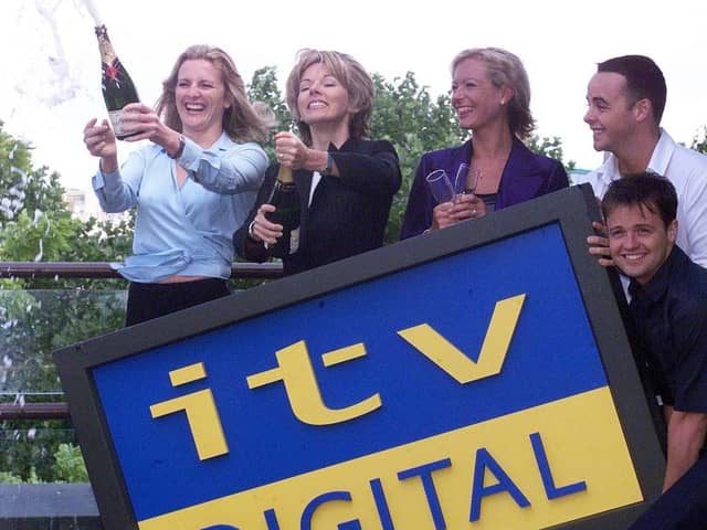 Ill-fated: From left, Gabby Yorath, Mary Nightingale Tracy Shaw and Ant and Dec celebrate the launch of ITV Digital.
