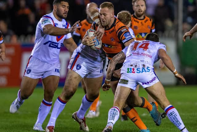 Castleford's Liam Watts, pictured in action against Wakefield this year, is in England contention. Picture by Bruce Rollinson.