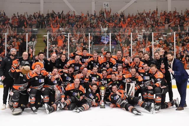 Sheffield Steelers celebrate their Challenge Cup triumph in Cardiff back in March. Picture: EIHL/Dean Woolley.