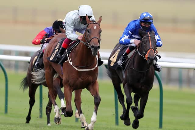 This is Eye Of Heaven (left) cantering into Royal Ascot contention under Frankie Dettori.