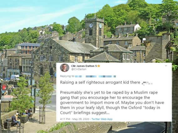 A Holme Valley Parish councillor is being investigated for a tweet sent to a man and his 13-year-old daughter (inset)