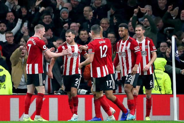 Sheffield United's George Baldock (second left) celebrates scoring against Spurs at Tottenham Hotspur Stadium earlier this season. Picture: Bradley Collyer/PA