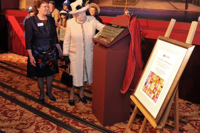19 July 2012...... The Queen unveils a plaque in the reopened and restored Leeds City Varieties music Hall during her visit to the city to mark her Diamond Jubilee.
