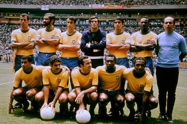 Brazil World Cup team: Back, from left, Carlos Alberto, Brito, Wilson Piazza, Felix, Clodoaldo, Everaldo, Mario Zagalo. Front,  Jairzinho, Roberto Rivelino, Tostao, Pele, Paulo Cesar.
