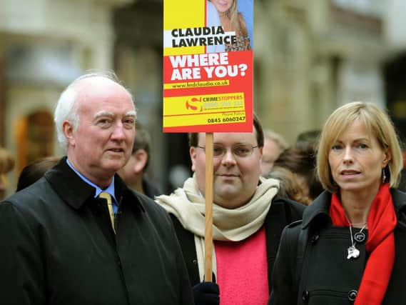 Peter Lawrence pictured with Kate McCann at a previous vigil for missing people at York Minster, pictured with Minster staff Matthew Hallett