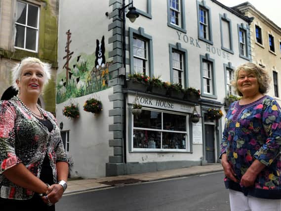 Hobby artist Jackie Stubbs (left) who has painted the sheepdog mural on the side of York House in Richmond owned by Christine Swift (right). Image: Gary Longbottom