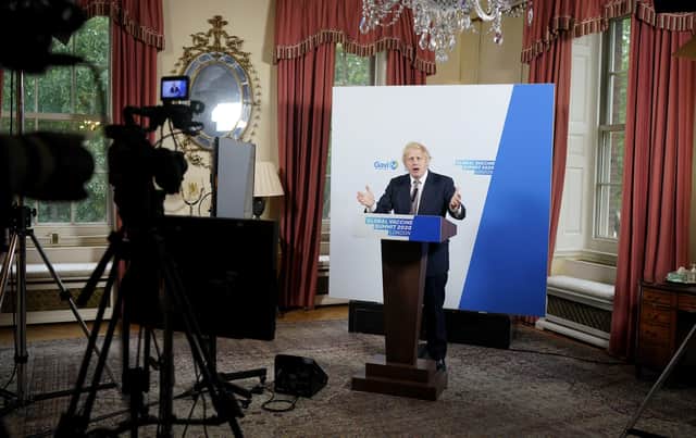 Prime Minister Boris Johnson delivering a speech to the Global Vaccine Summit (GAVI) via Zoom from the White Room of No10 Downing Street. Picture: Andrew Parsons/10 Downing Street/Crown Copyright/PA Wire