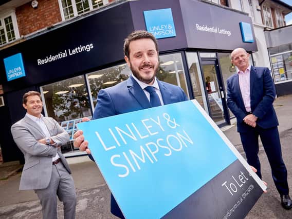 (from left) Nick Simpson, branch manager Rob Corn and Will Linley outside Linley & Simpsons new flagship office in Hull, after the independent groups latest acquisition.