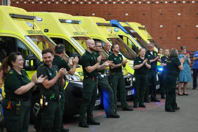 Paramedics and ambulance personnel outside Leeds General Infirmary. Photo: Jonathan Gawthorpe.