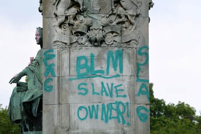 The statue of Queen Victoria on Woodhouse Moor, which has been sprayed with Black Lives Matter graffiti. Picture Jonathan Gawthorpe.