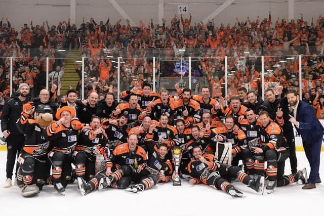 Sheffield Steelers celebrate their Challenge Cup triumph in Cardiff last season. Picture courtesy of EIHL.
