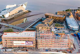 An aerial view of current Wykeland projects in Hull’s Fruit Market waterfront district – a flagship head office for Arco and 350-space multi-storey car park, in the foreground, and a sister building for the Centre for Digital Innovation (C4DI), top right.Picture: Octovision Media