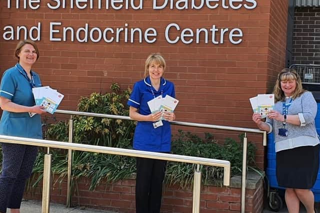 Pictured, NHS staff outside The Sheffield Diabetes and Endocrine Centre in the city holding the Active at Home guide. Photo credit: Other