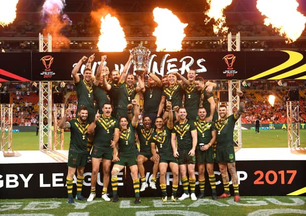 HOLDERS: Australia pose with the trophy after winning the final of the 2017 Rugby League World Cup. Picture:: Gregg Porteous/NRL Imagery/PA