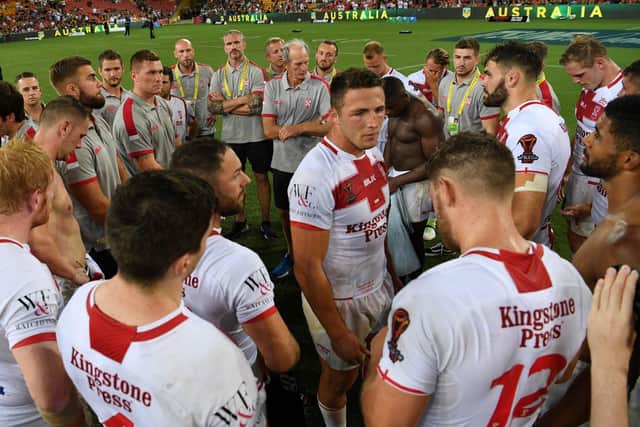 BITTER PILL: England's Sam Burgess speaks to his team after losing to Australia in the final of the 2017 Rugby League World Cup at the Suncorp Stadium, Brisbane . Picture: Grant Trouvilles/NRL Imagery/PA