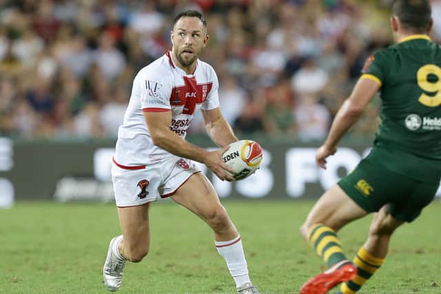 So close: England's Luke Gale attacks during the Rugby League World Cup final against Australia at Suncorp Stadium, Brisbane in December 2017. Picture: Tertius Pickard/SWpix.com/PhotosportNZ