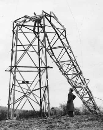 21st April 1937:  One of the many pylons at Llanfair, Anglesey, wrecked in a blizzard.  Nearly every pylon in the line that carries the North Wales Power Company supply to Holyhead was damaged, and repairs will take 2 years.  (Photo by Fox Photos/Getty Images)