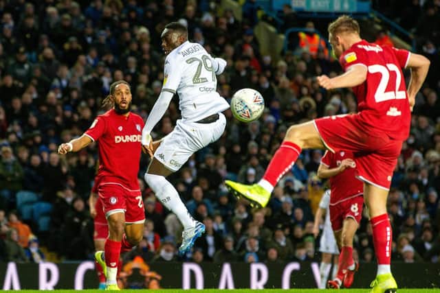 Jean-Kevin Augustin takes to the air
 against Bristol City at Elland Road in mid-February.  Picture: Bruce Rollinson/JPIMedia.